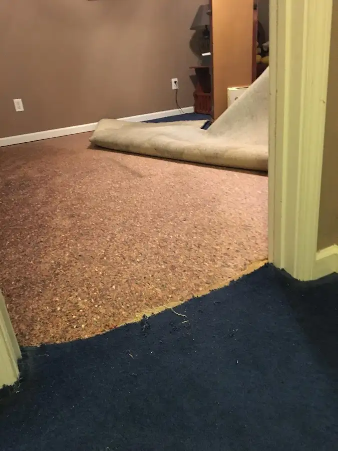 Carpet pad removal revealing water damage during Water Mitigation Services in Waipio